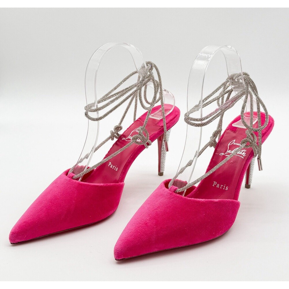 CHRISTIAN LOUBOUTIN Astrid Lace Strass 85 Pink Velvet Pumps Ankle Tie EU 39 US 9 - Picture 3 of 13